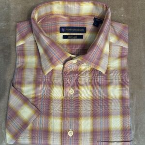 New Henry Jacobson, size L, 100% silk short sleeve shirt, 1-piece collar